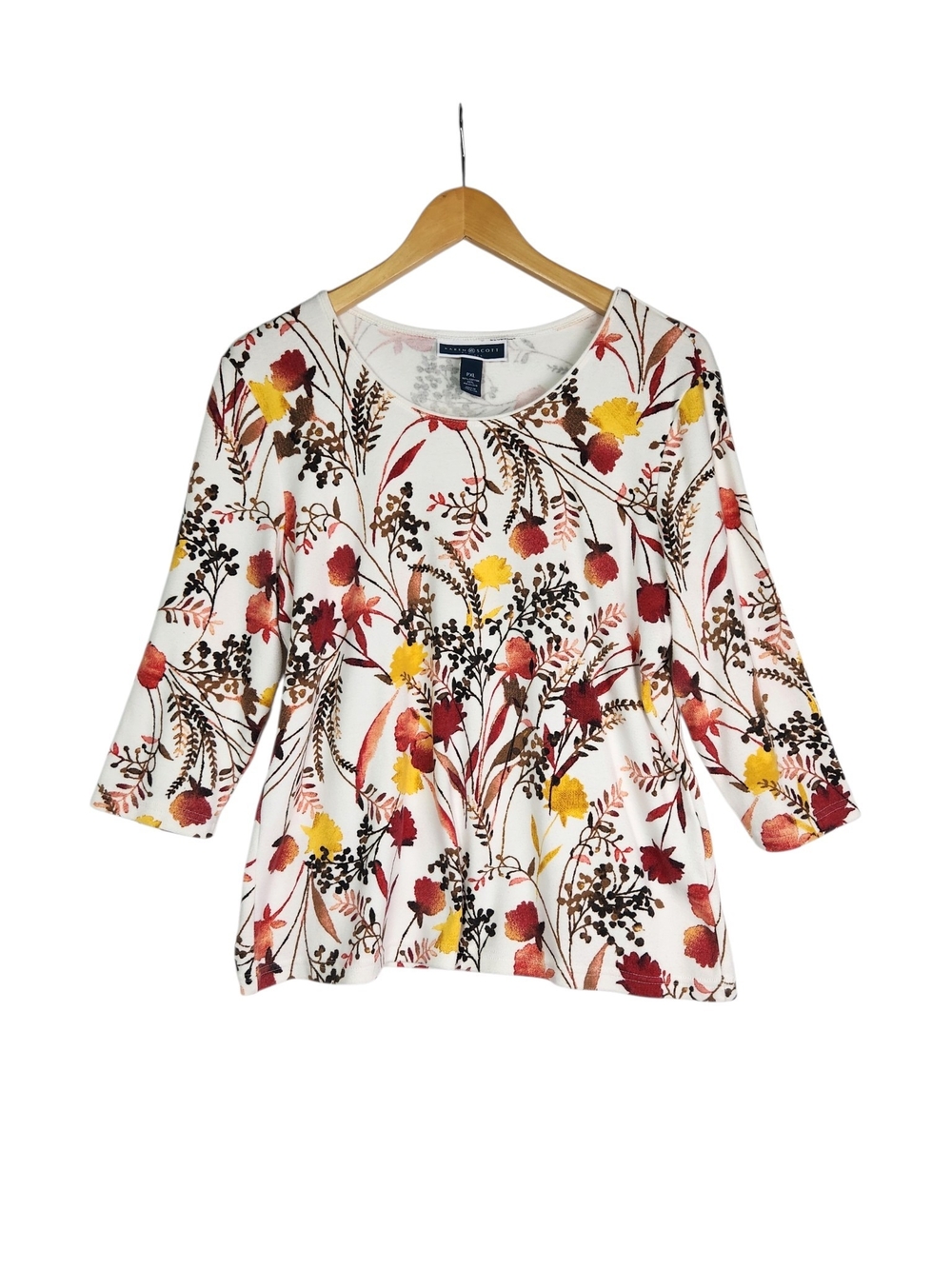 Karen Scott Petites PXL Fall Color Floral Top 3/4 Sleeve Ivory Red Yellow Brown